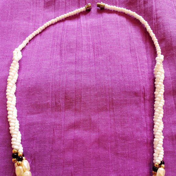 Vtg 80’s Freshwater Pearl Rice Nugget White Black Gold Braided Beads Necklace - Picture 4 of 4